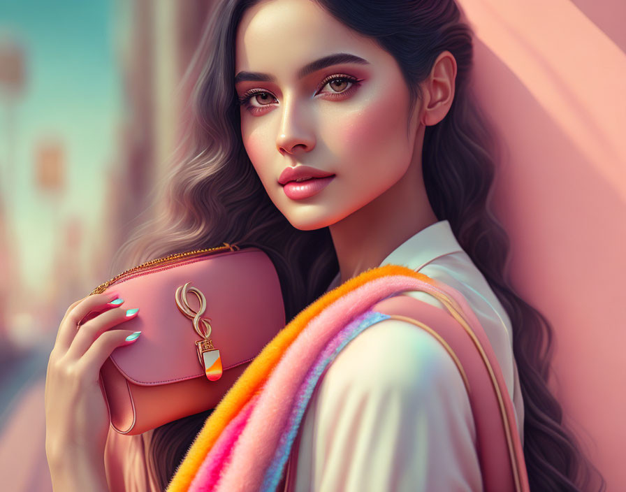 Dark-haired woman with striking makeup holding pink purse in pastel outfit against pink backdrop