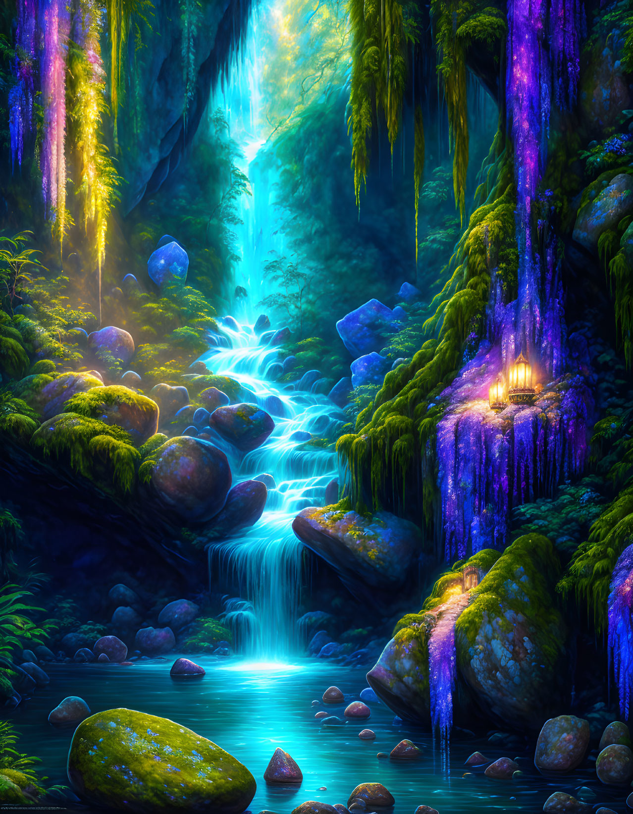 Vibrant mystical forest scene with glowing flora and blue streams