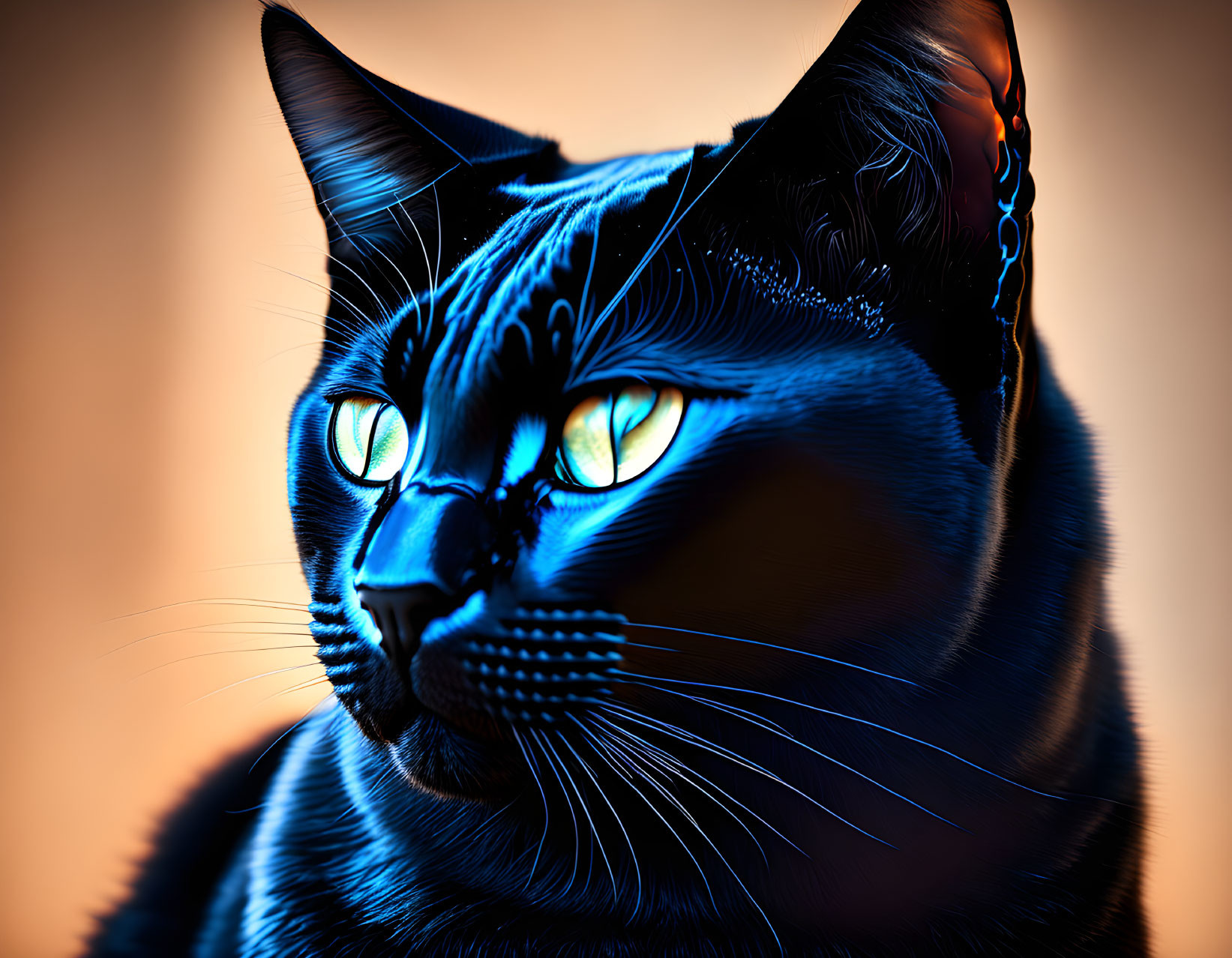 Vibrant Digital Artwork: Blue Cat with Green Eyes on Amber Background