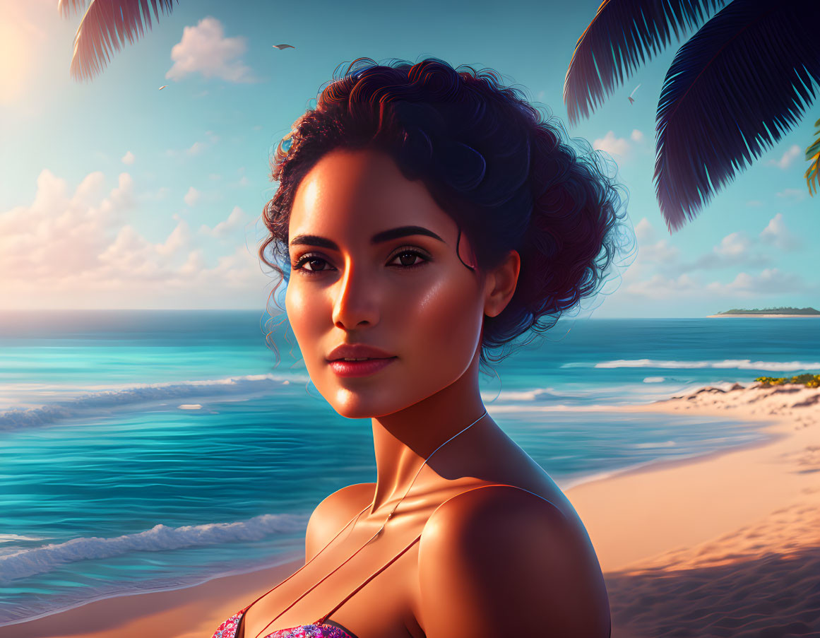 Digital artwork: Smiling woman with dark curly hair on tropical beach