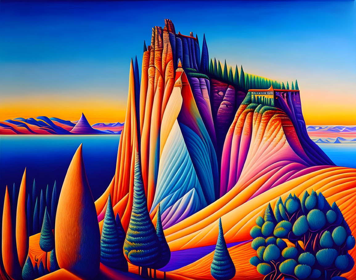 Colorful Surrealist Landscape with Flowing Hills and Gradient Sky