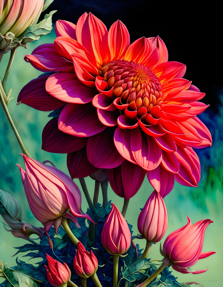 Detailed red dahlia flower with intricate petals, surrounded by buds and green foliage on turquoise background