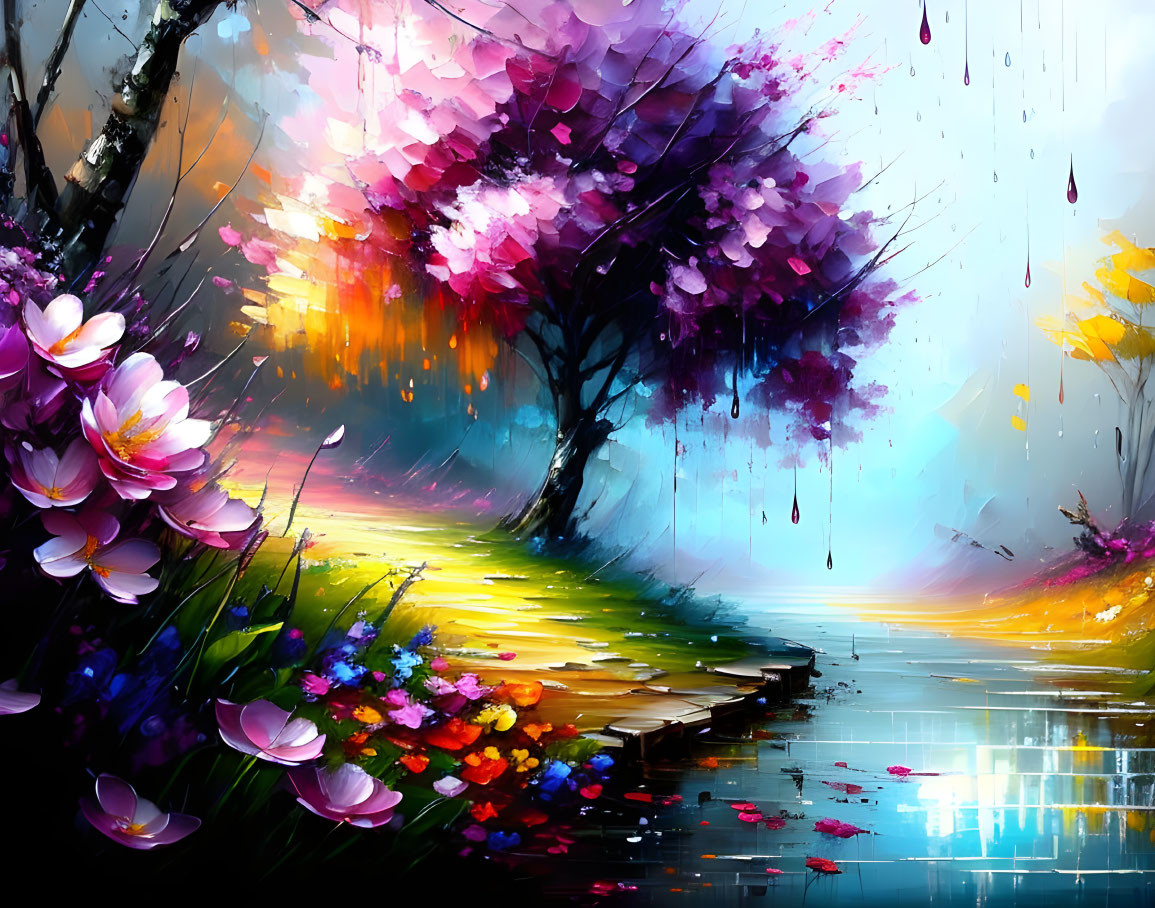 Colorful painting of blooming tree by water's edge with flowers, path, and rain-streak