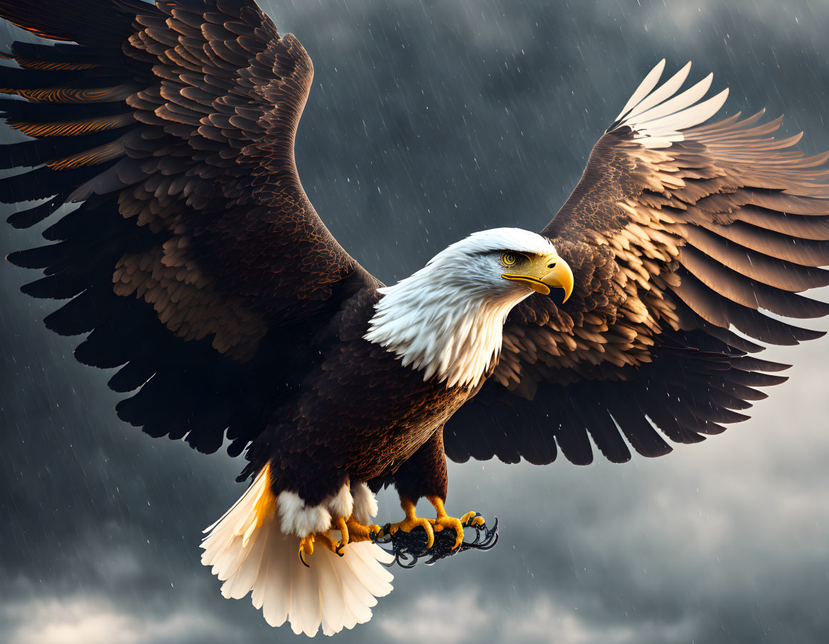 Bald Eagle in Flight under Stormy Sky: Powerful Wingspan and Focused Gaze