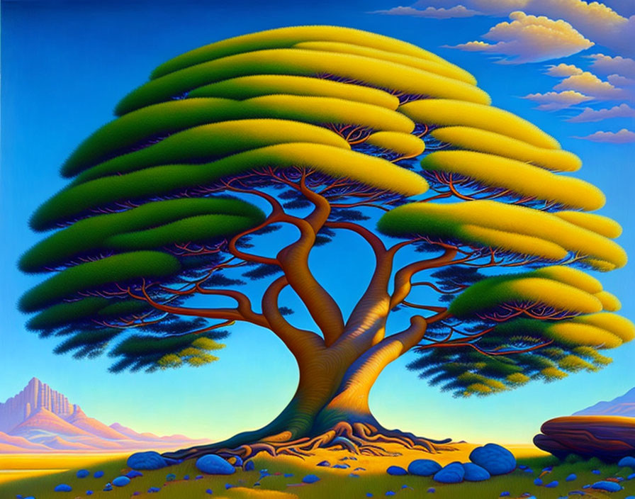 Colorful surreal painting of robust tree under blue sky with mountains