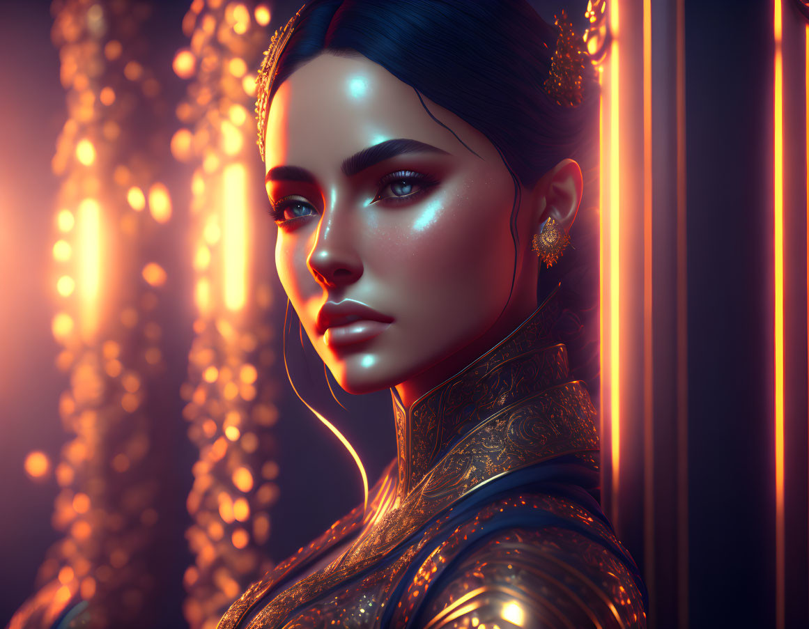 Digital artwork: Woman with luminous skin, gold earrings, ornate collar, warm glowing lights