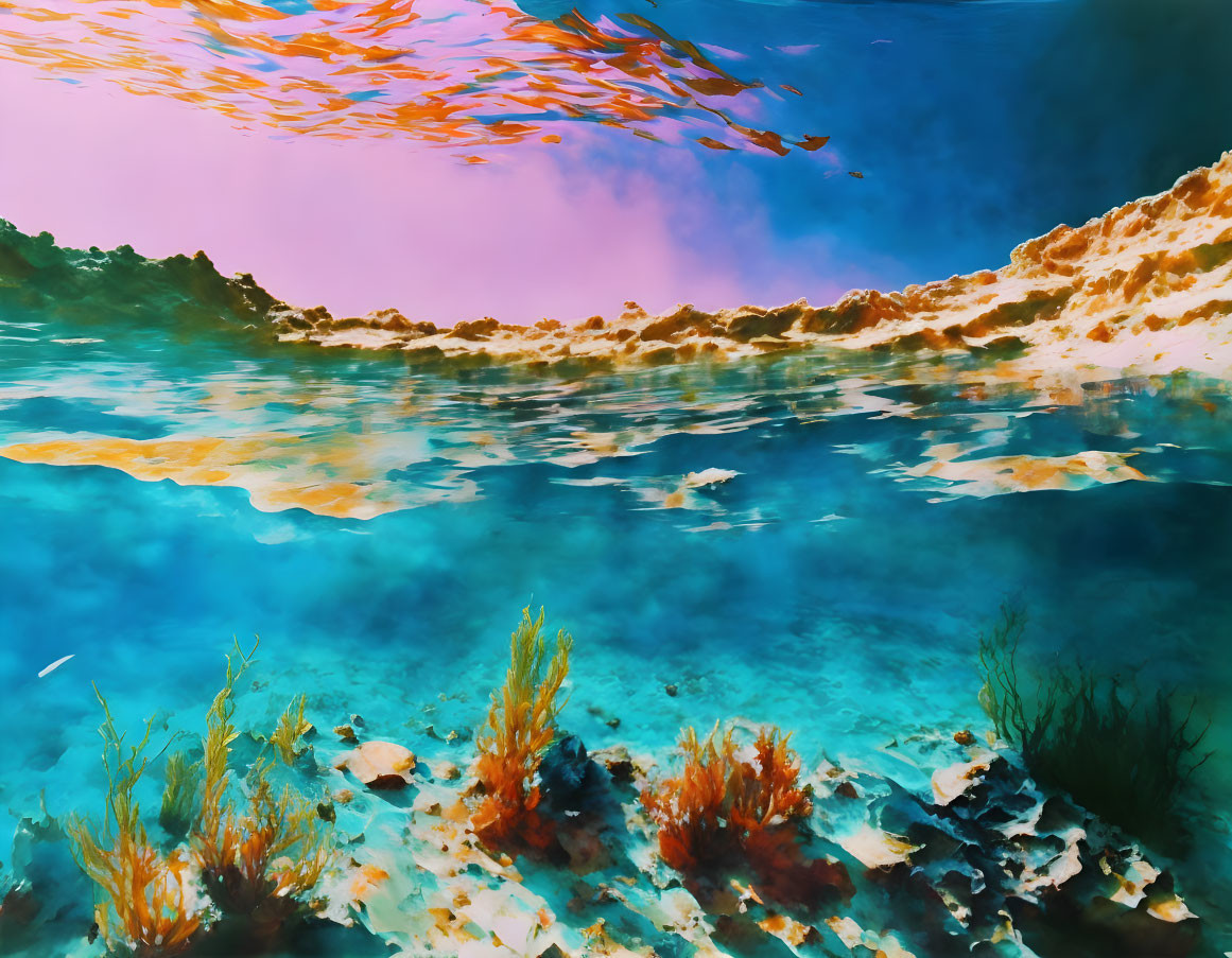 Colorful marine plants in serene underwater scene with sky reflection