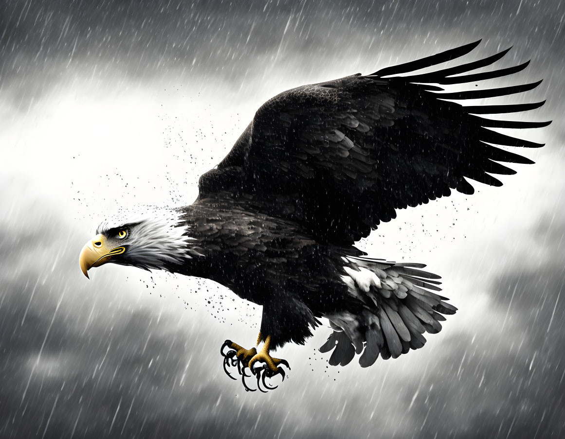 Majestic bald eagle soaring with spread wings in falling snowflakes