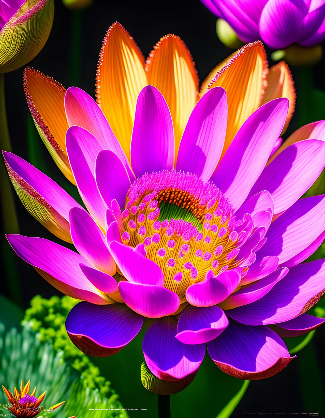 Colorful Lotus Flower with Yellow Center on Green Foliage Background