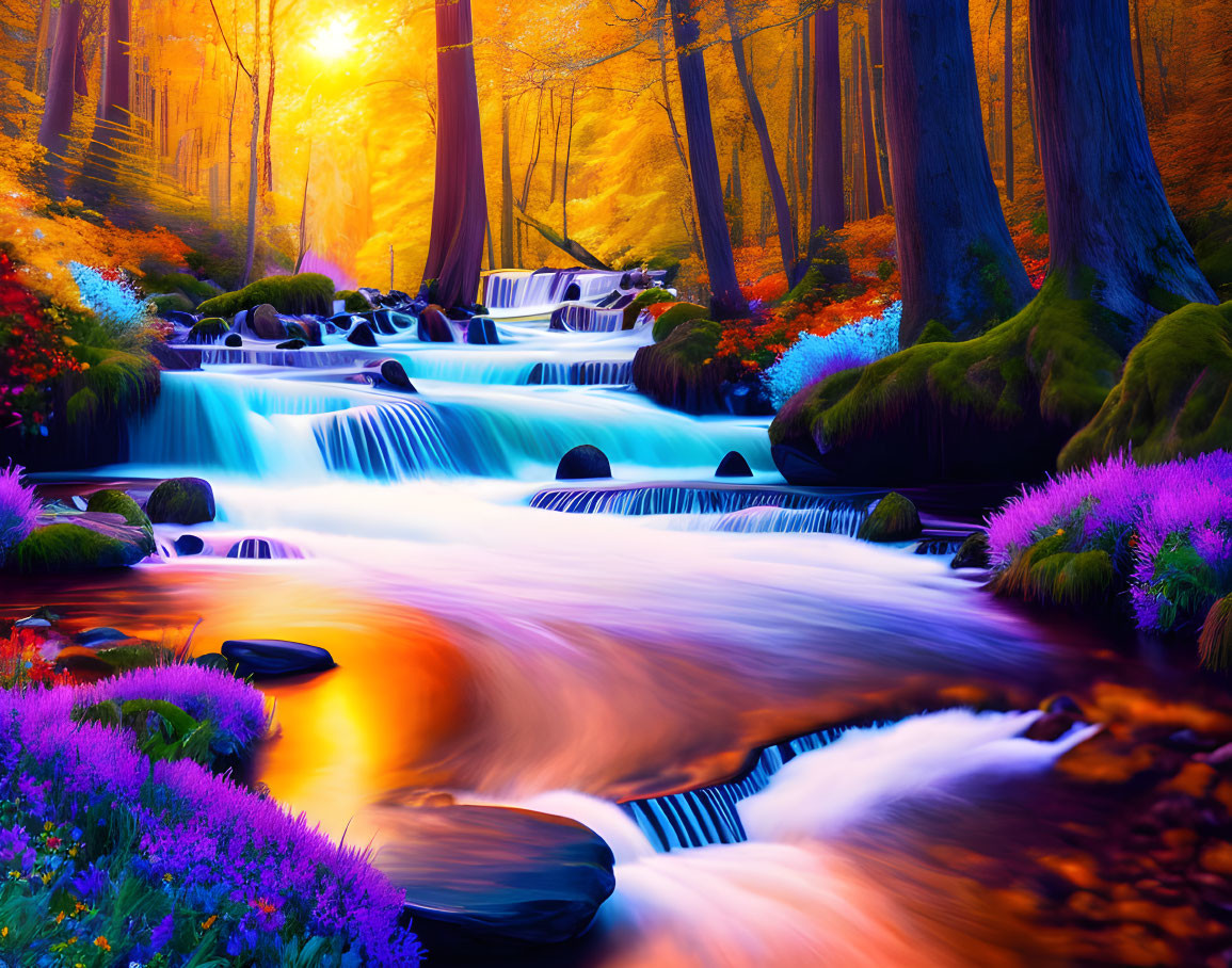 Scenic autumn forest with waterfall, sunbeams, and purple flowers