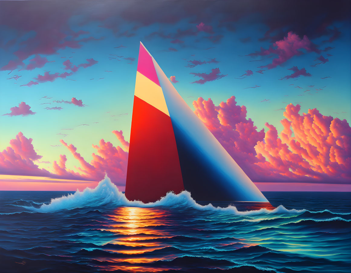 Colorful sailboat painting on open sea at sunset with pink and purple clouds