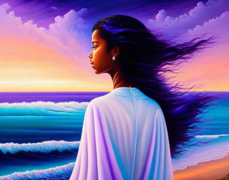 Woman's side profile with long hair against vibrant sunset and ocean waves