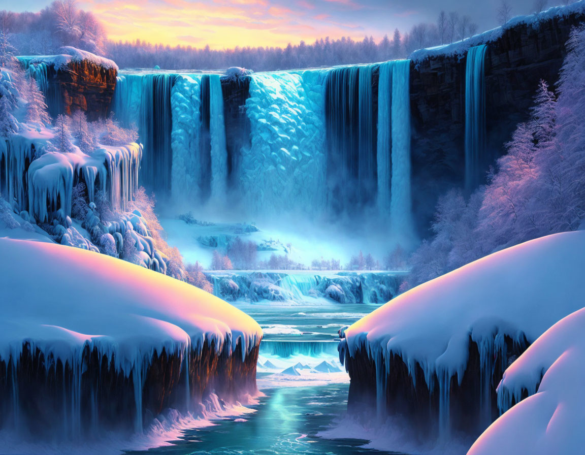 Snow-covered cliffs and icy blue waters in majestic winter waterfall scene