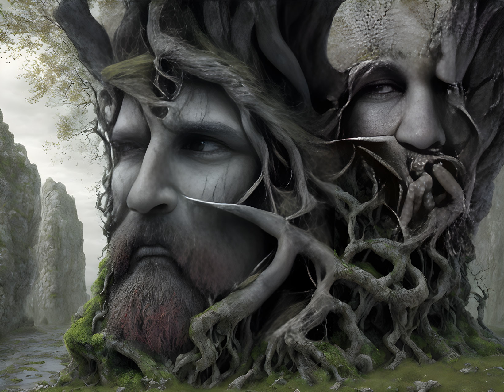 Man's Face Merging with Nature: Tree Bark, Roots, Moss