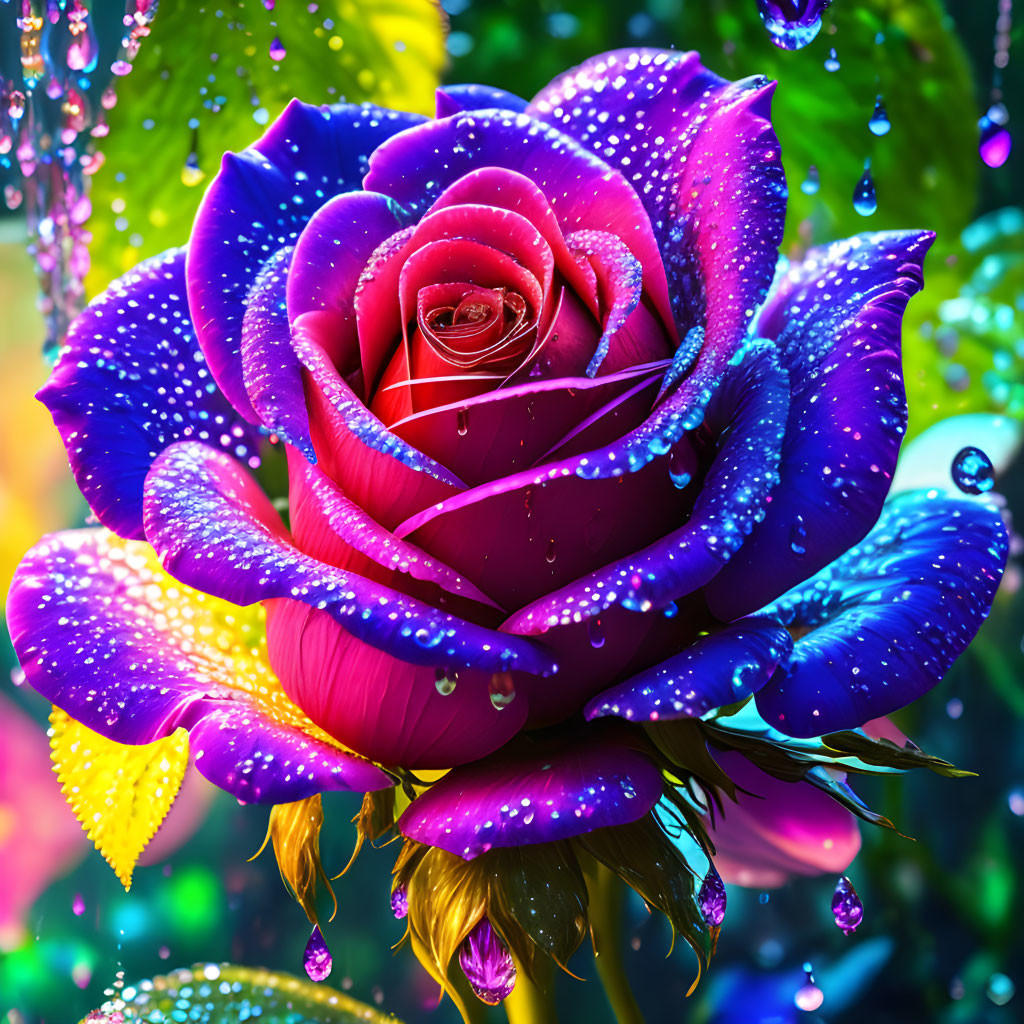 Multicolored digitally altered rose with water droplets on bokeh background