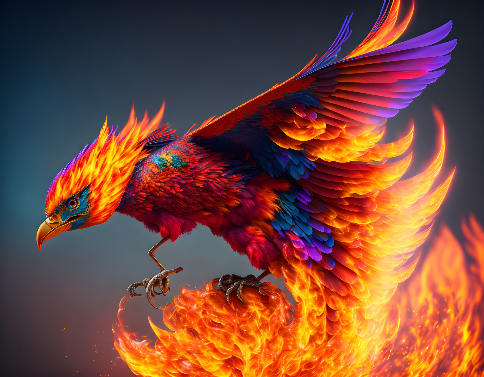 Colorful Phoenix Flying with Flame Tail and Wings on Blue Background