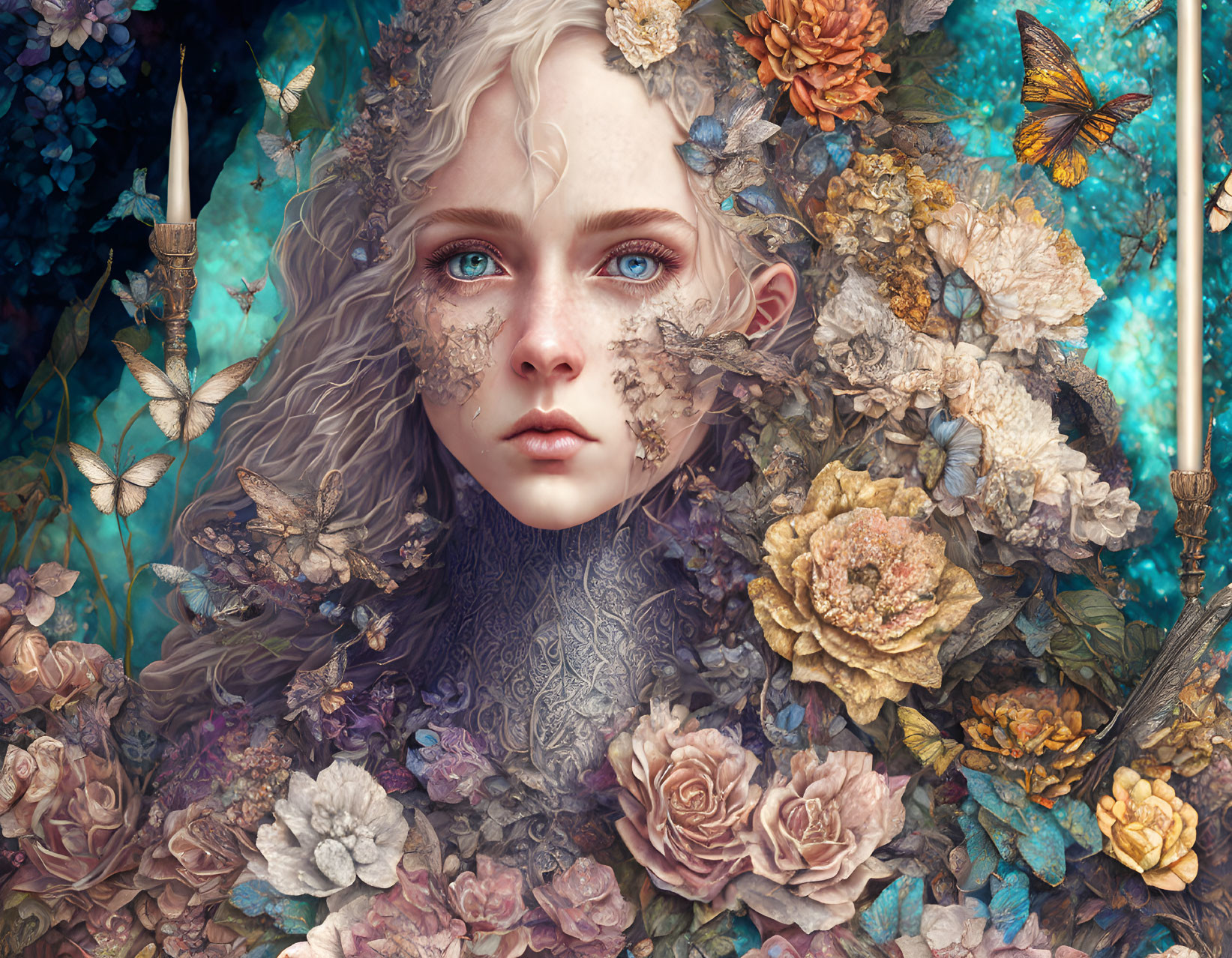 Surreal portrait of woman with pale skin and blue eyes merging into flowers and butterflies