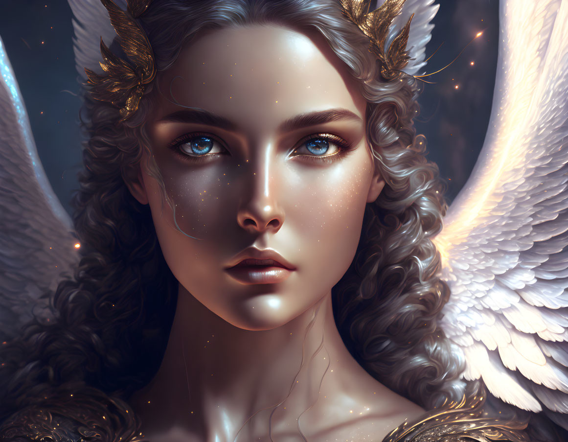 Fantastical female figure with angelic wings and glowing eyes.