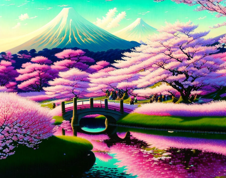 Japanese garden with cherry blossoms, bridge, and Mount Fuji