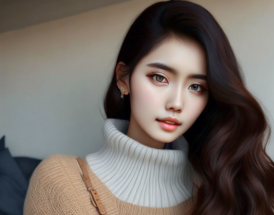 Portrait of woman with wavy brown hair, white turtleneck, brown sweater, subtle makeup,