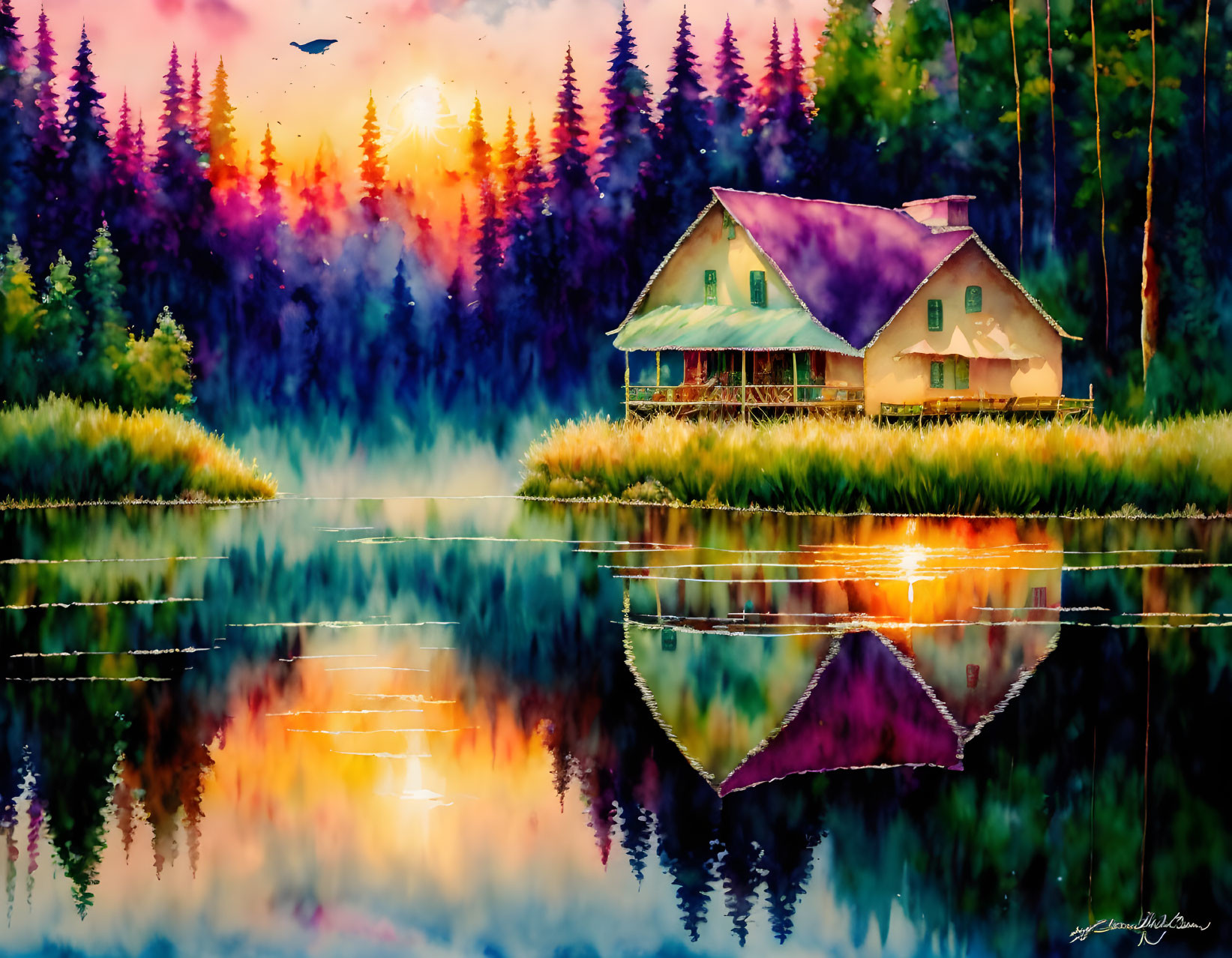 Colorful Landscape Painting: Houses by Tranquil Lake at Sunset