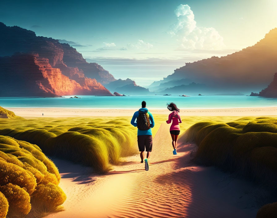 Two individuals running on a sandy path towards a beach with cliffs at sunset