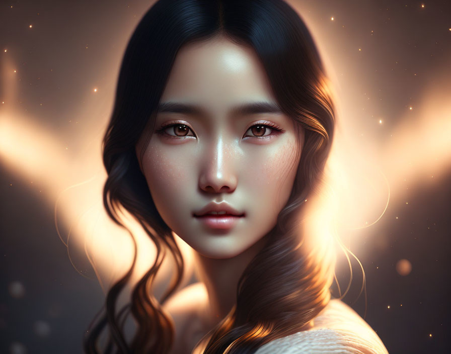 Portrait of Woman with Flowing Hair and Glowing Skin in Starry Background