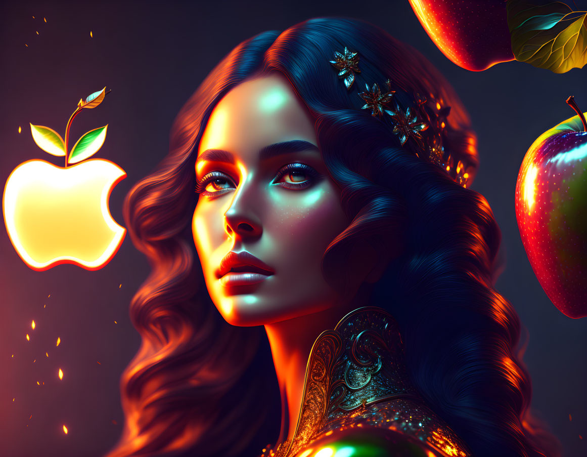 Digital Artwork: Glowing Woman Surrounded by Floating Apples