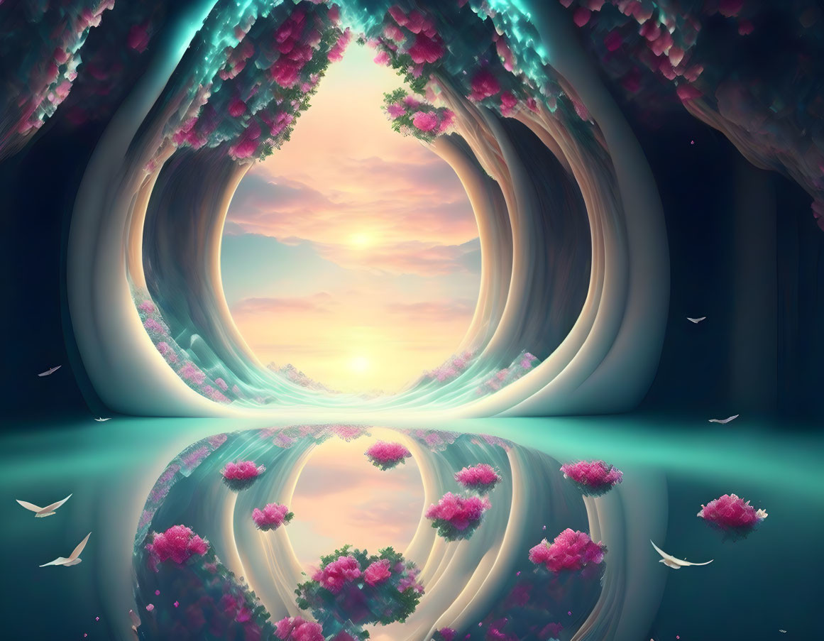 Surreal landscape featuring egg-shaped portal, trees, sunset, water with pink flowers, and birds