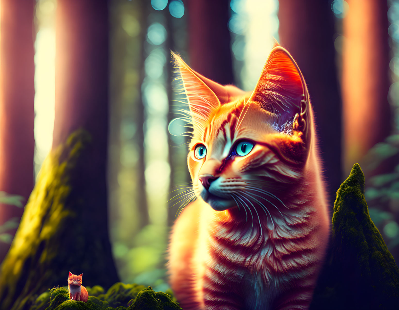 Orange Tabby Cat with Blue Eyes in Forest with Miniature Version on Mossy Rock