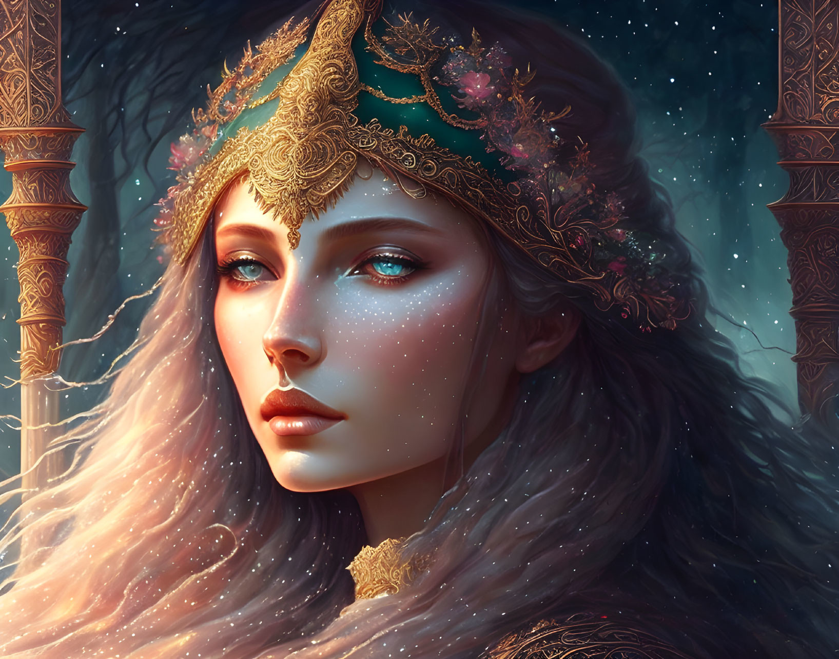 Ethereal woman with freckles, golden headdress, and blue eyes