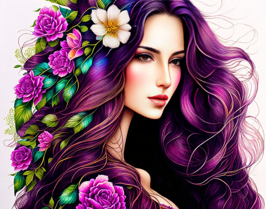 Vibrant illustration of woman with flowing purple hair and colorful flowers