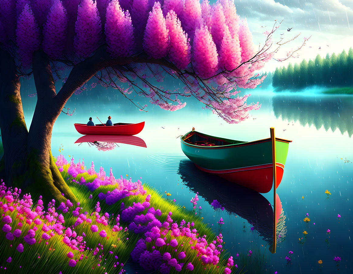 Tranquil lake scene with couple in red canoe under pink tree