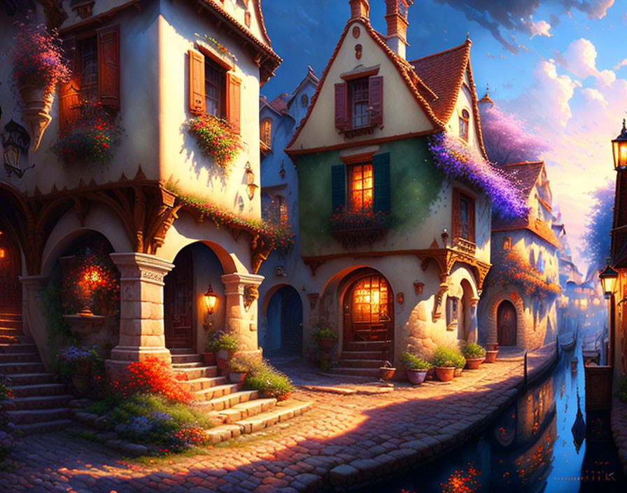 Charming European cobblestone street at sunset