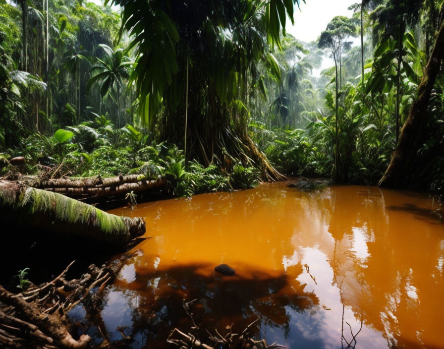 Lush Tropical Rainforest with Brown River and Green Flora