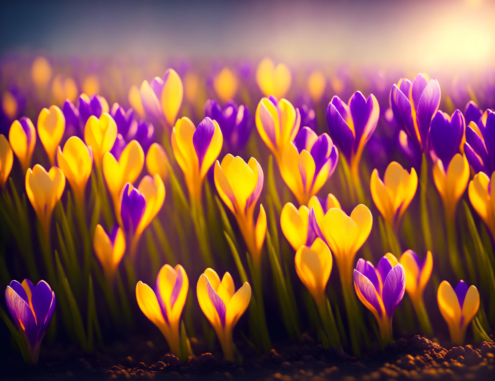 Colorful Yellow and Purple Crocuses in Sunlight