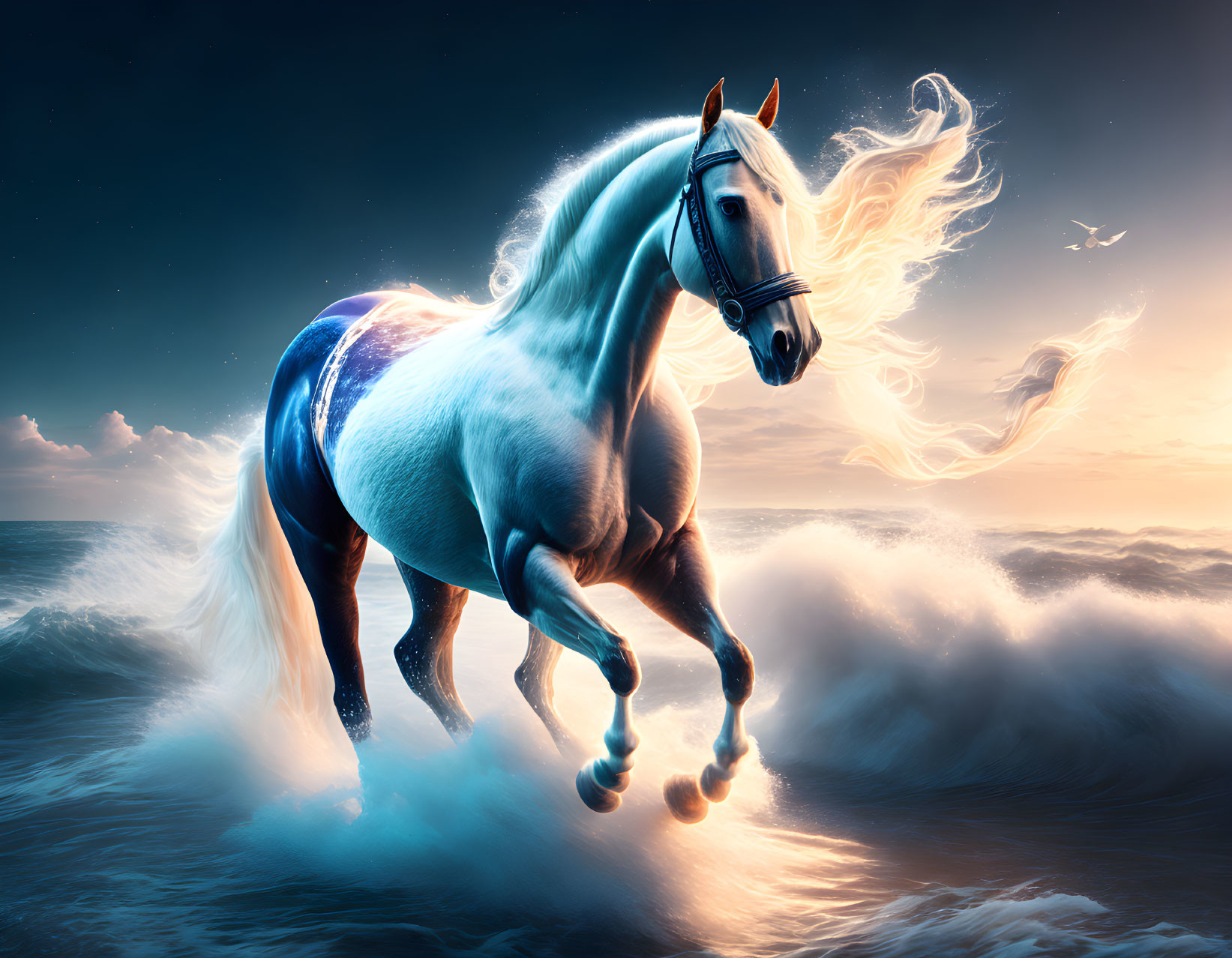 White horse with fiery mane gallops over ocean waves at dusk