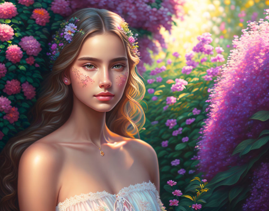 Illustrated portrait of young woman with floral crown and freckles among vibrant flowers