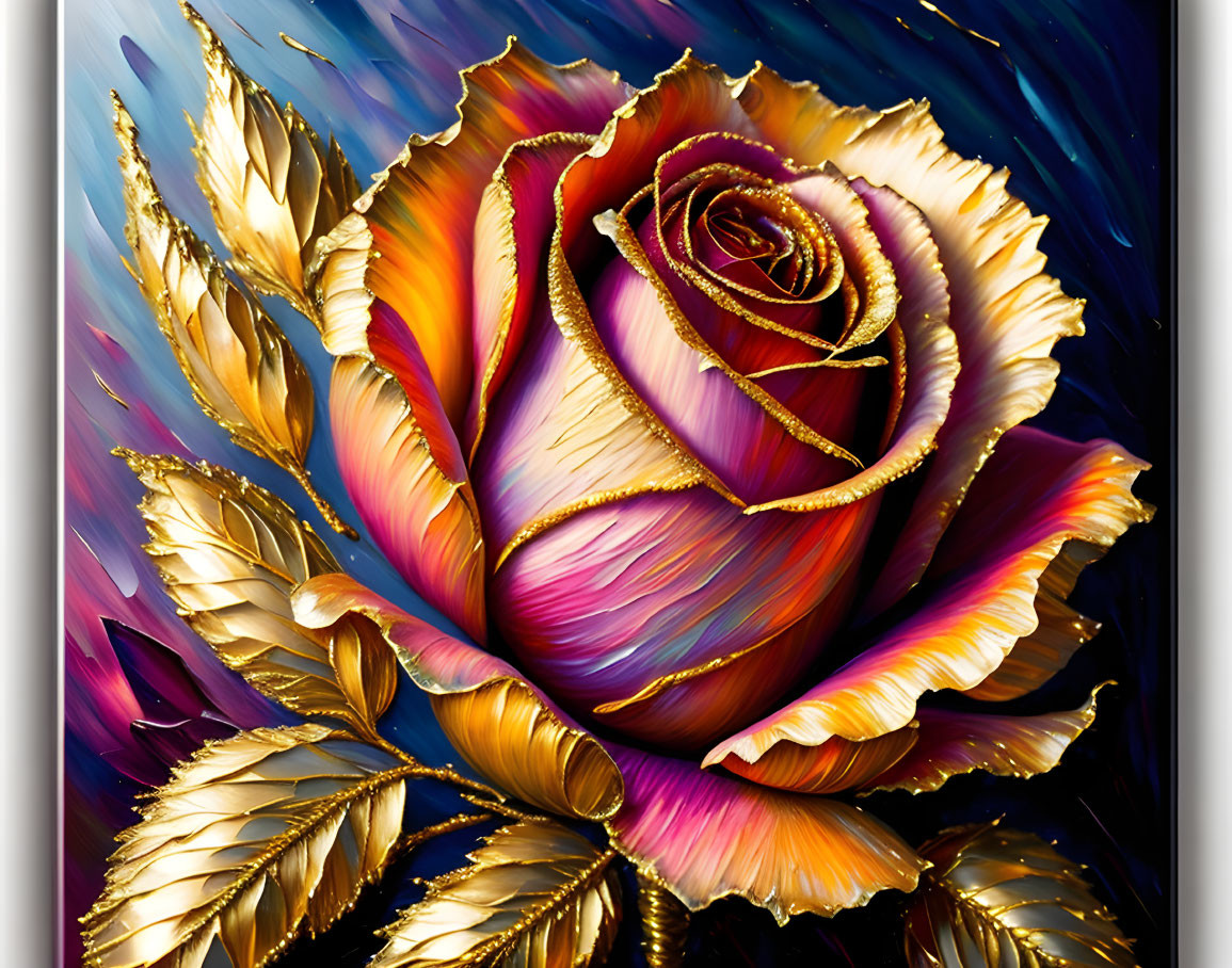 Colorful digital artwork: stylized rose with gold-edged petals on blue background