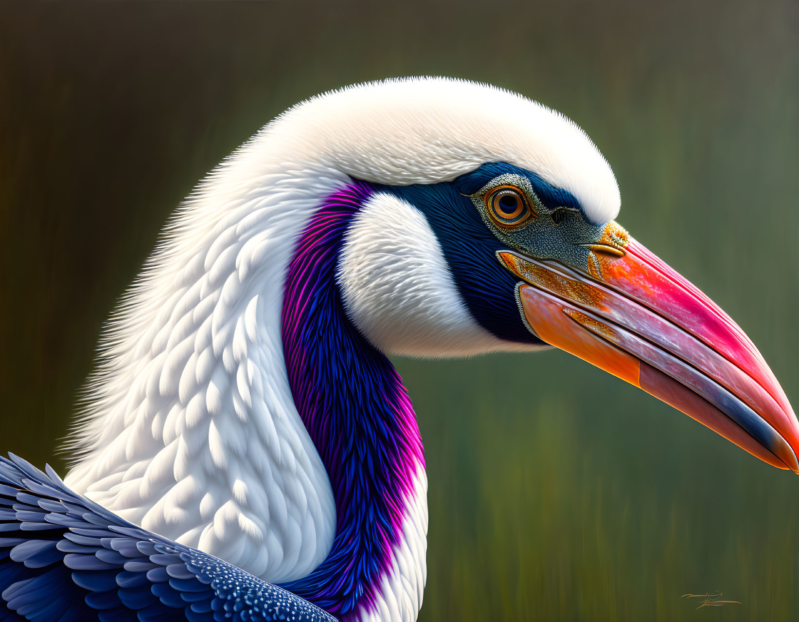 Colorful Pelican with Vibrant Beak and White Plumage on Green Background