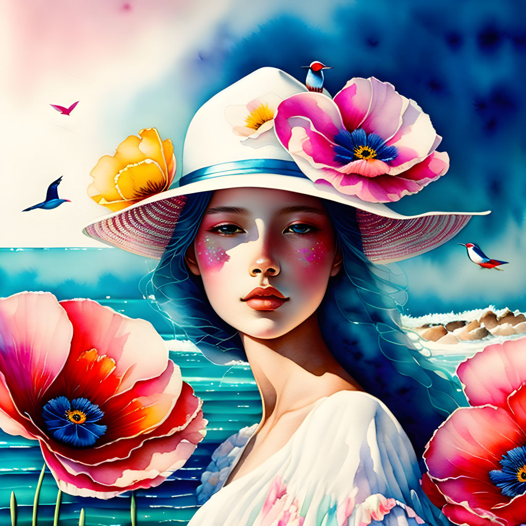 Colorful Woman in Flowered Hat Surrounded by Poppies and Birds