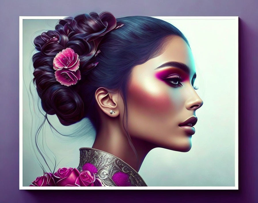 Stylized portrait of woman with elaborate updo and floral accessories on purple backdrop