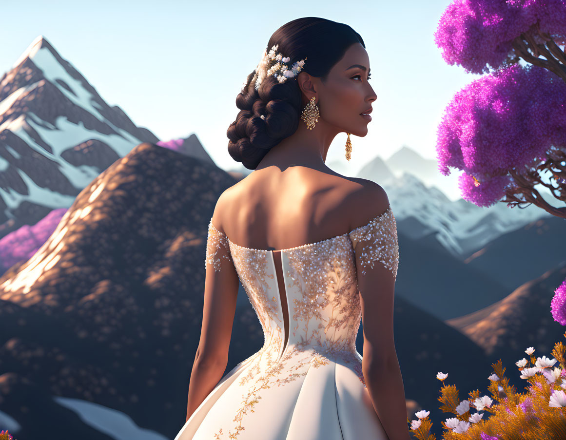 Bride in white gown with floral details against mountain backdrop