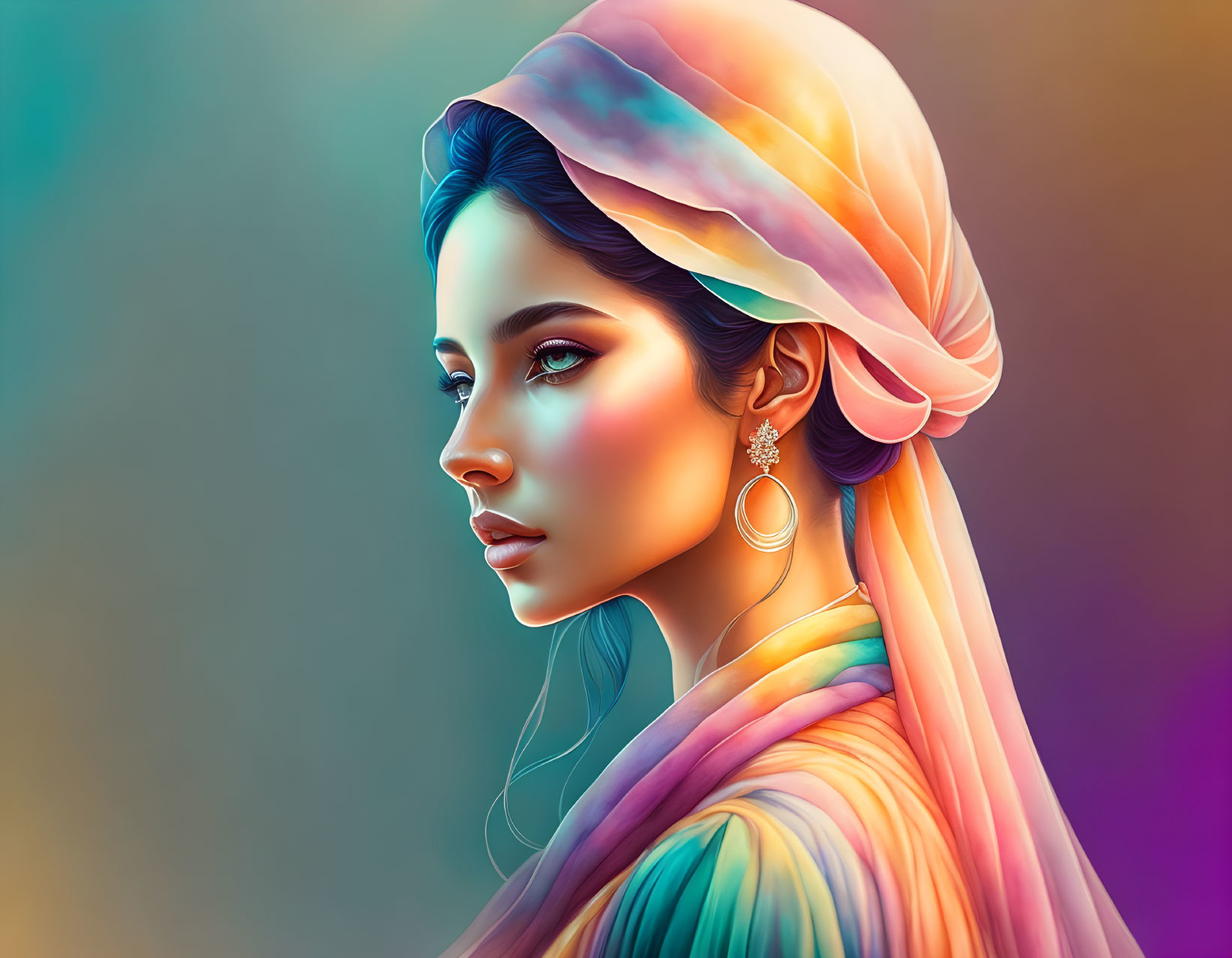 Vibrant digital portrait of woman in headscarf with earring