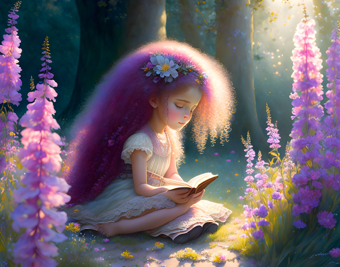 Young girl with floral crown reading book in mystical forest glade surrounded by glowing purple flowers