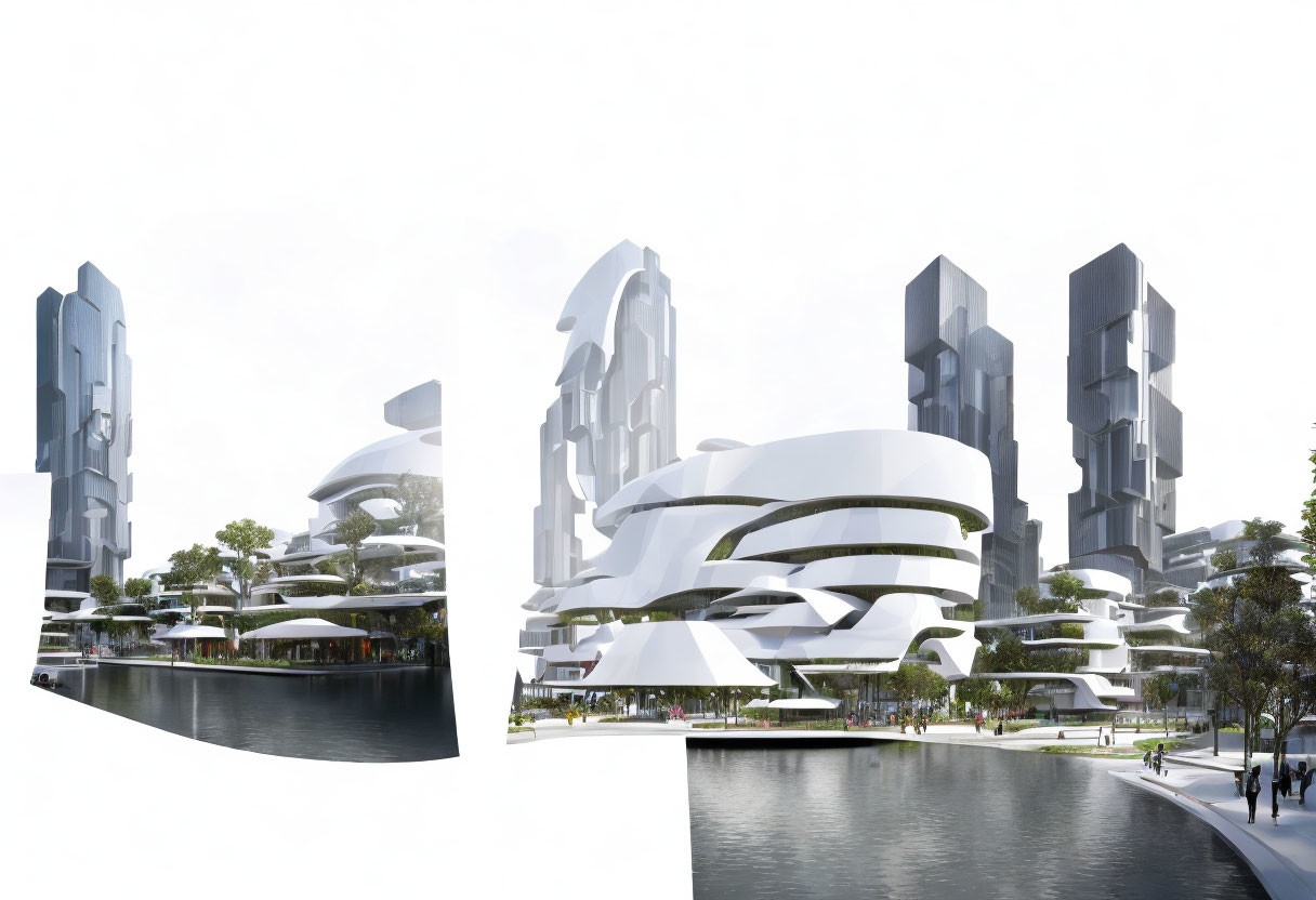 Futuristic cityscape with curvilinear buildings and green spaces near waterbody