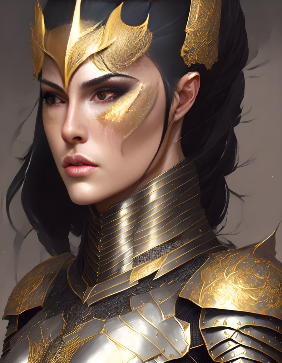 Portrait of woman in golden armor and crown headpiece with gold facial accents