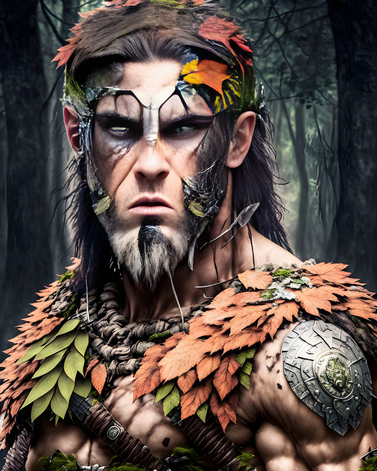 Fantasy character with leafy adornments in mystical forest