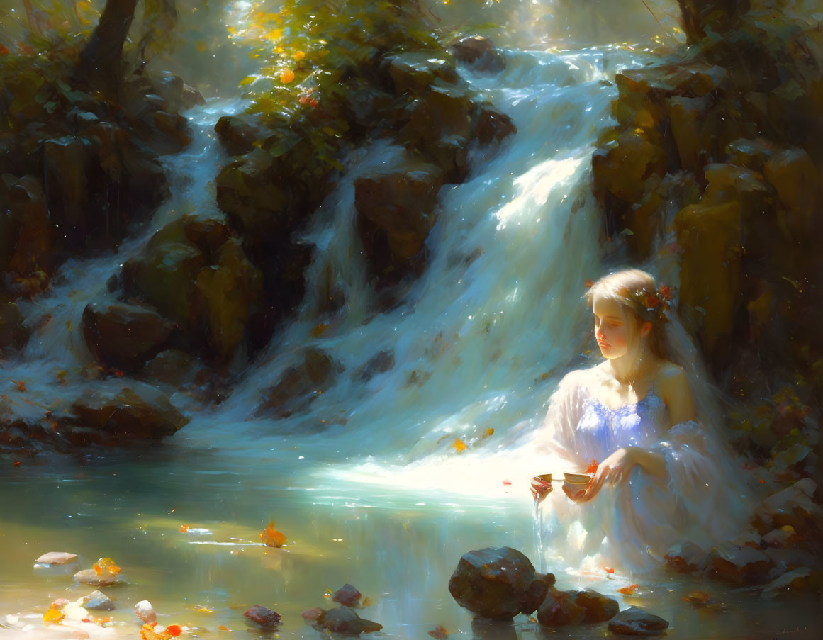 Tranquil illustration of woman by woodland waterfall