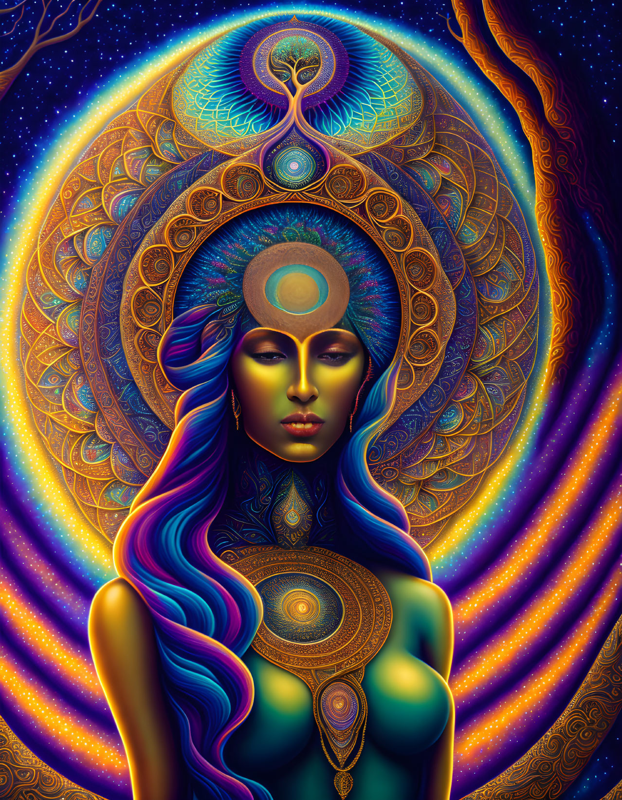 Colorful artwork featuring woman with blue hair and cosmic motifs on mandala background.